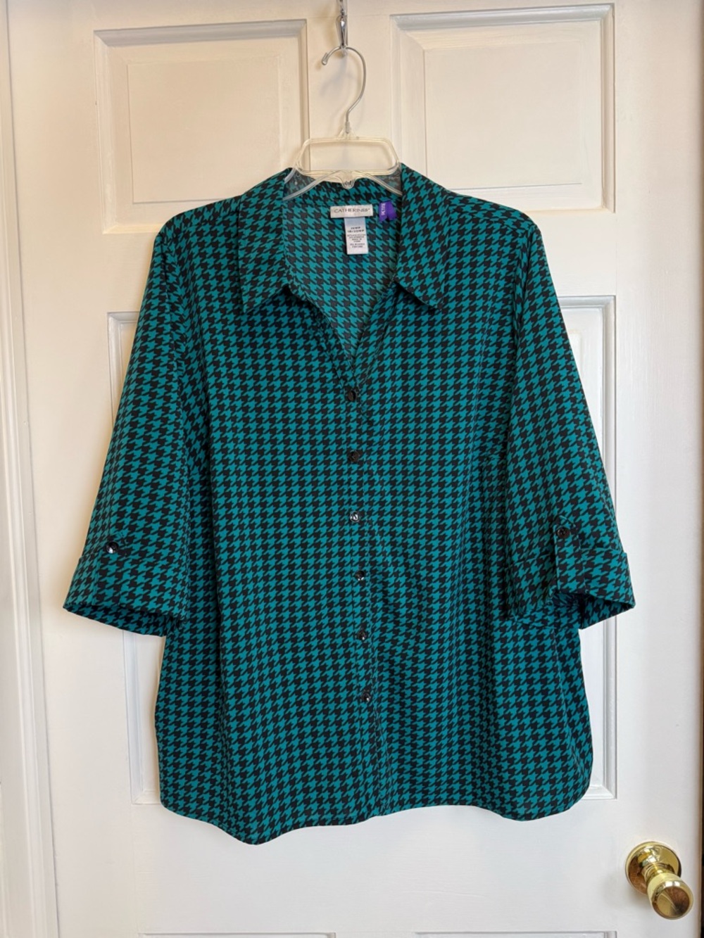 Catherines Teal & Black Houndstooth Button-Front Blouse Size 1XWP Women’s Petite